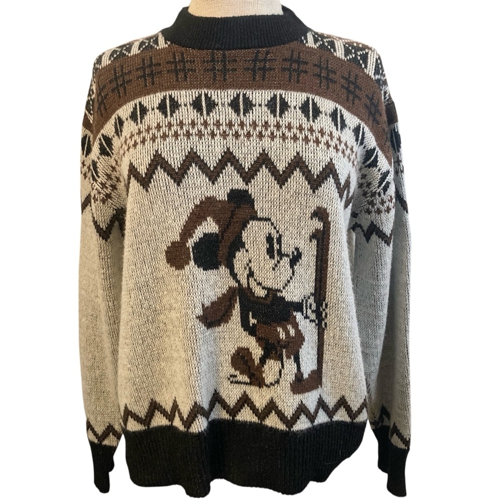 Kennington Vintage Mickey Mouse Skiing Ski Sweater Knit White Brown Black Large
